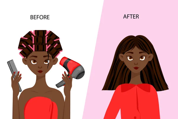 Svart kvinnlig karaktär "före" och "efter" kosmetisk procedur. Tecknad stil. Vektorillustration. — Stock vektor