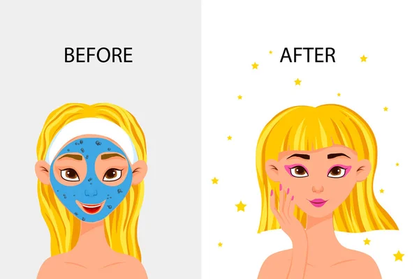 Personaje femenino "antes" y "después" máscara cosmética. Estilo de dibujos animados. Ilustración vectorial . — Vector de stock