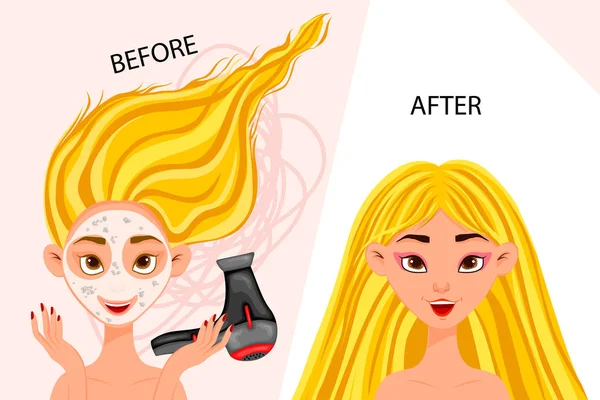 Female character "before" and "after" cosmetic mask. Cartoon style. Vector illustration. — 스톡 벡터