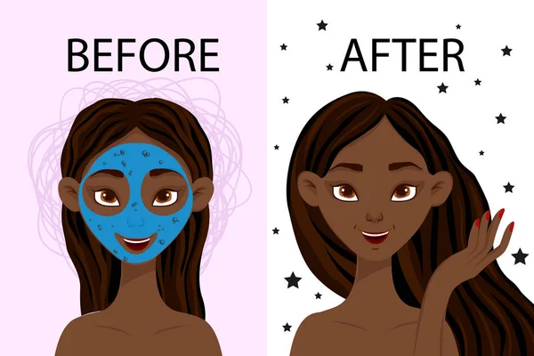 Personaje femenino negro "antes" y "después" máscara cosmética. Estilo de dibujos animados. Ilustración vectorial . — Vector de stock