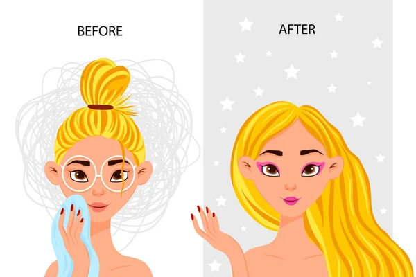 Female character "before" and "after" cosmetic procedure. Cartoon style. Vector illustration. — Stock Vector