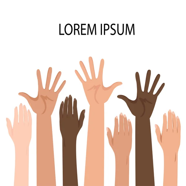 Farklı milletlerden insanların el kaldırdığı metin şablonu. Çizgi film tarzı. Vektör illüstrasyonu.