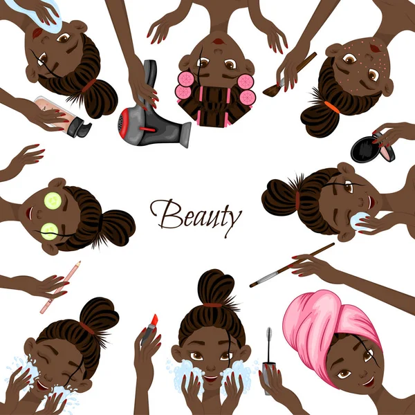 Modèle de texte avec caractères féminins noirs et produits cosmétiques. Cartoon style. Illustration vectorielle . — Image vectorielle