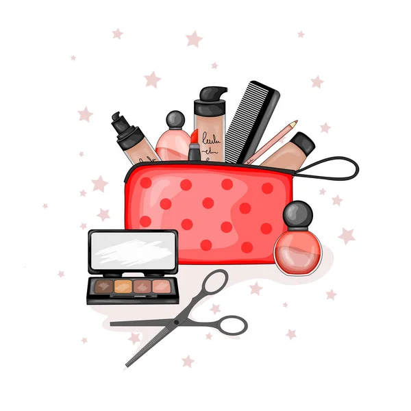 Bolsa cosmética con un conjunto de artículos de belleza. Estilo de dibujos animados. Ilustración vectorial . — Vector de stock