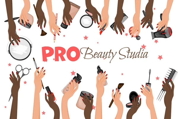 Modèle avec des mains féminines noires qui tiennent des articles de maquillage. Cartoon style. Illustration vectorielle . — Image vectorielle