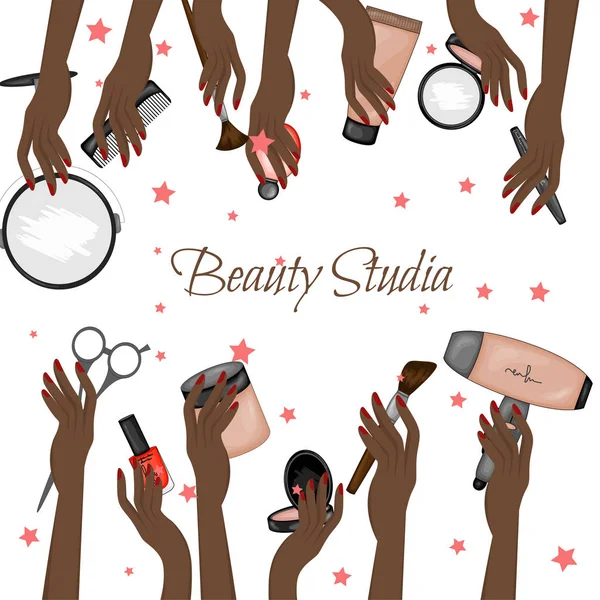 Modèle avec des mains féminines noires qui tiennent des articles de maquillage. Cartoon style. Illustration vectorielle . — Image vectorielle
