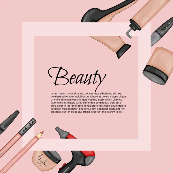 Cadre pour texte avec un ensemble d'articles de beauté. Cartoon style. Illustration vectorielle . — Image vectorielle