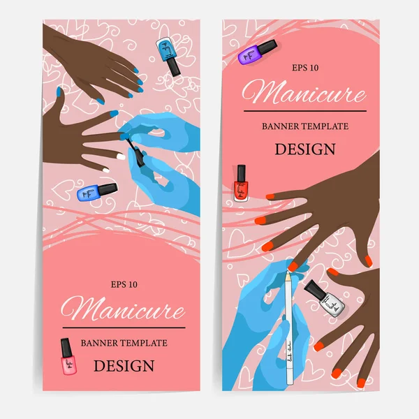 Folders met manicure flatlay en cosmetische producten, sjabloon voor tekst. Cartoon stijl. Vectorillustratie. — Stockvector