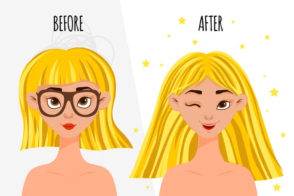 Caráter feminino "antes" e "depois" do procedimento cosmético. Estilo dos desenhos animados. Ilustração vetorial . — Vetor de Stock