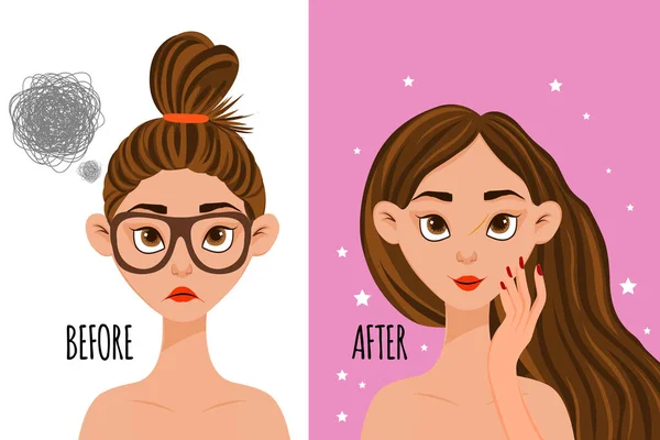 Carattere femminile "prima" e "dopo" procedura cosmetica. Stile cartone animato. Illustrazione vettoriale . — Vettoriale Stock