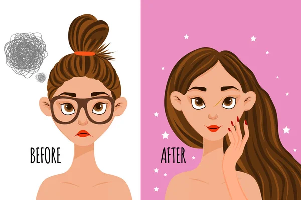 Vrouwelijk karakter "voor" en "na" cosmetische ingreep. Cartoon stijl. Vectorillustratie. — Stockvector