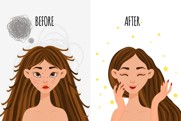 Female character "before" and "after" cosmetic procedure. Cartoon style. Vector illustration. — Stock Vector