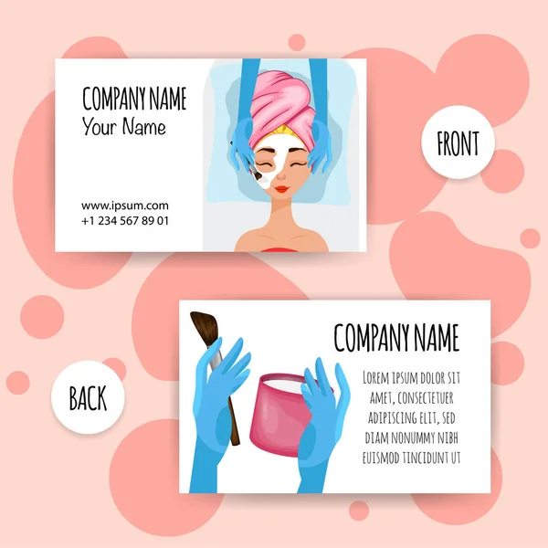 Girl on a cosmetic procedure, business card. Cartoon style. Vector illustration. — Stock Vector