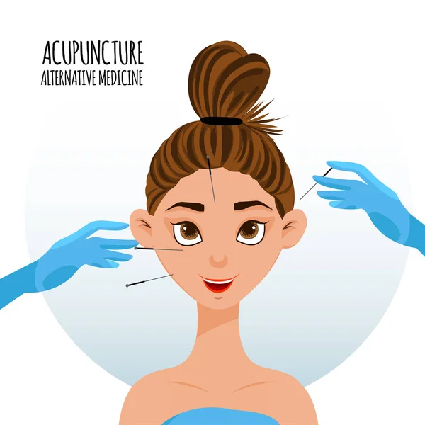 Girl on face acupuncture procedure. Cartoon style. Vector illustration.