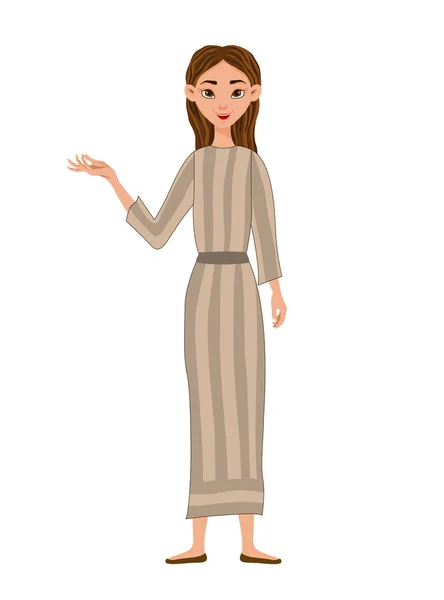 Beauty woman shows hand to side. Cartoon style. Vector illustration. — Stock Vector