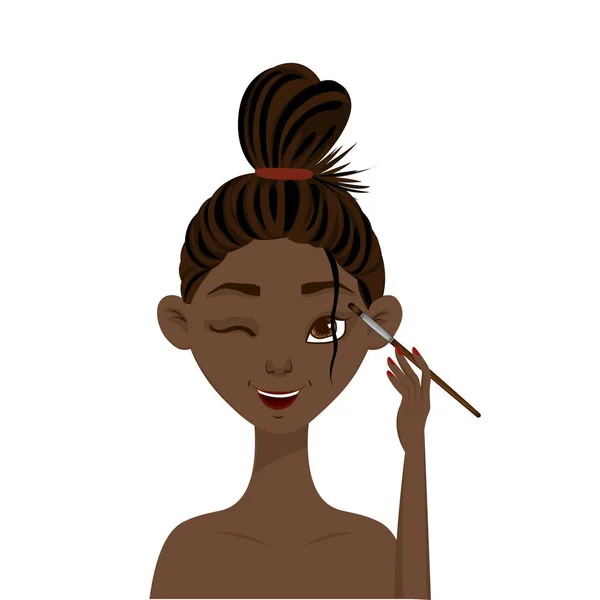 Beleza mulher africana aplica sombra ocular. Estilo dos desenhos animados. Ilustração vetorial . — Vetor de Stock