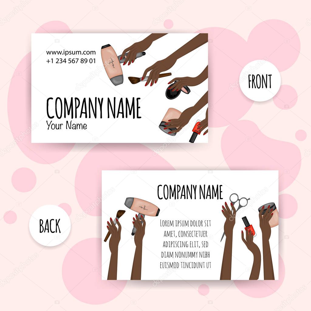 Beauty business card with female dark skinned hands with cosmetic products. Cartoon style. Vector illustration.