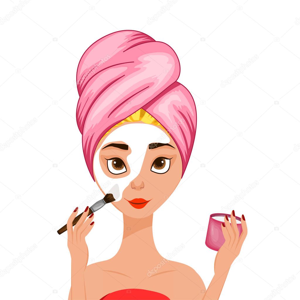 The girl makes herself a cosmetic procedure for the face. Cartoon style. Vector illustration.