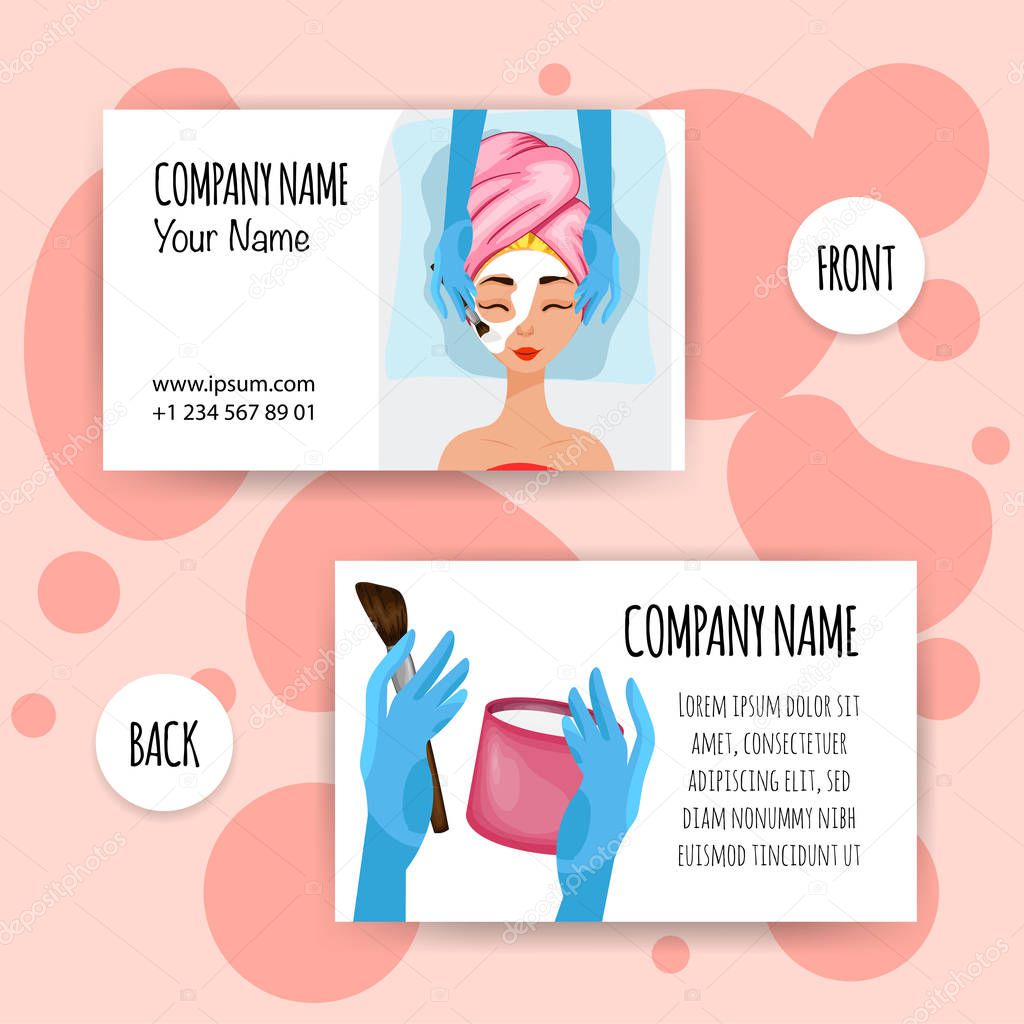 Girl on a cosmetic procedure, business card. Cartoon style. Vector illustration.