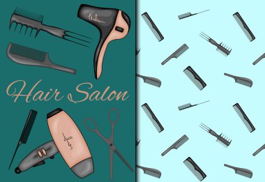 Kusursuz bir şablon ve kuaför salonu için malzemelerle ayarlanmış. Çizgi film tarzı. Vektör illüstrasyonu.