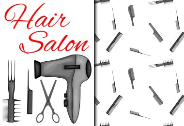 Kusursuz bir şablon ve kuaför salonu için malzemelerle ayarlanmış. Çizgi film tarzı. Vektör illüstrasyonu.