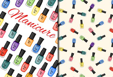 Kusursuz desenler ve tırnak cilasıyla ayarlanmış. Çizgi film tarzı. Vektör illüstrasyonu.