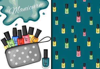 Kusursuz desenler ve tırnak cilasıyla ayarlanmış. Çizgi film tarzı. Vektör illüstrasyonu.