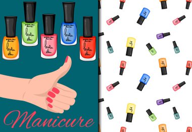 Kusursuz desenler ve tırnak cilasıyla ayarlanmış. Çizgi film tarzı. Vektör illüstrasyonu.