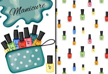 Kusursuz desenler ve tırnak cilasıyla ayarlanmış. Çizgi film tarzı. Vektör illüstrasyonu.