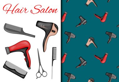 Kusursuz bir şablon ve kuaför salonu için malzemelerle ayarlanmış. Çizgi film tarzı. Vektör illüstrasyonu.