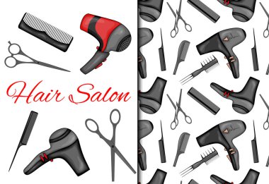 Kusursuz bir şablon ve kuaför salonu için malzemelerle ayarlanmış. Çizgi film tarzı. Vektör illüstrasyonu.