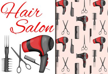 Kusursuz bir şablon ve kuaför salonu için malzemelerle ayarlanmış. Çizgi film tarzı. Vektör illüstrasyonu.