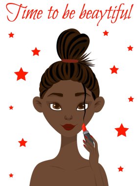 Makyajlı koyu tenli güzel bir kızın portresi. Çizgi film tarzı. Vektör illüstrasyonu.