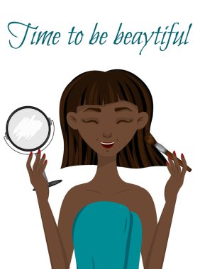 Makyajlı koyu tenli güzel bir kızın portresi. Çizgi film tarzı. Vektör illüstrasyonu.