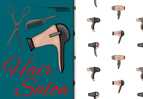 Set avec motif sans couture et articles pour salon de coiffure. Cartoon style. Illustration vectorielle . — Image vectorielle