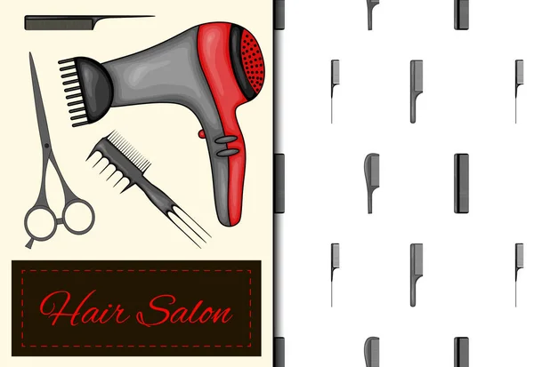 Definir com padrão sem costura e itens para salão de cabeleireiro. Estilo dos desenhos animados. Ilustração vetorial . —  Vetores de Stock