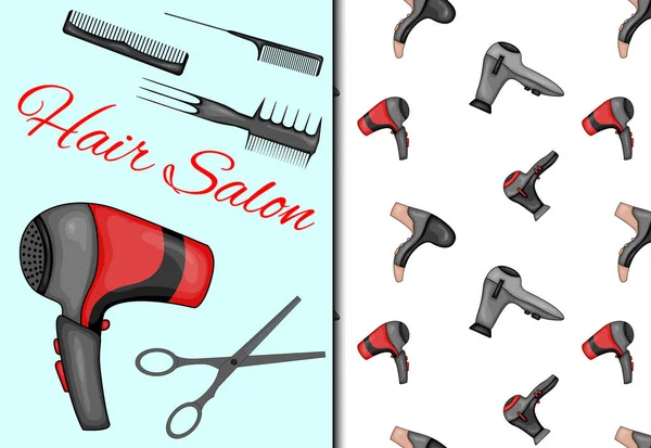 Set avec motif sans couture et articles pour salon de coiffure. Cartoon style. Illustration vectorielle . — Image vectorielle