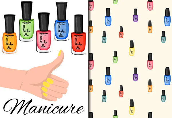 Set mit nahtlosem Muster und Nagellack. Cartoon-Stil. Vektorillustration. — Stockvektor