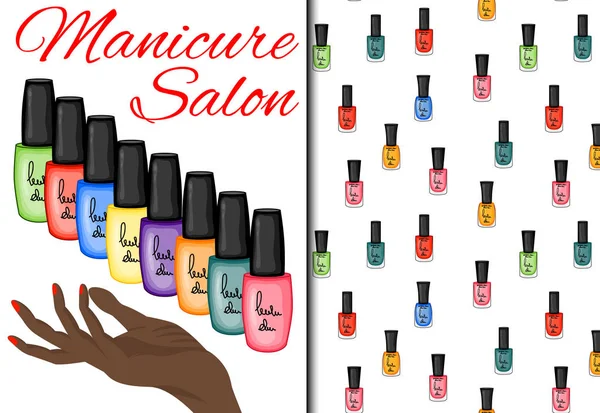 Set met naadloos patroon en nagellak. Cartoon stijl. Vectorillustratie. — Stockvector