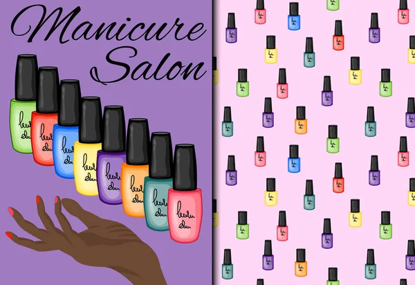 Set avec motif sans couture et vernis à ongles. Cartoon style. Illustration vectorielle . — Image vectorielle