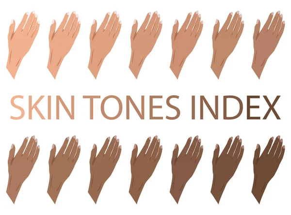 Set de palmas femeninas con diferentes colores de piel de claro a oscuro. Estilo de dibujos animados. Ilustración vectorial . — Vector de stock