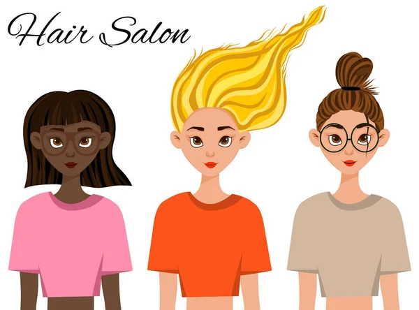 Tre tjejer med olika hår- och hudfärger. Tecknad stil. Vektorillustration. — Stock vektor