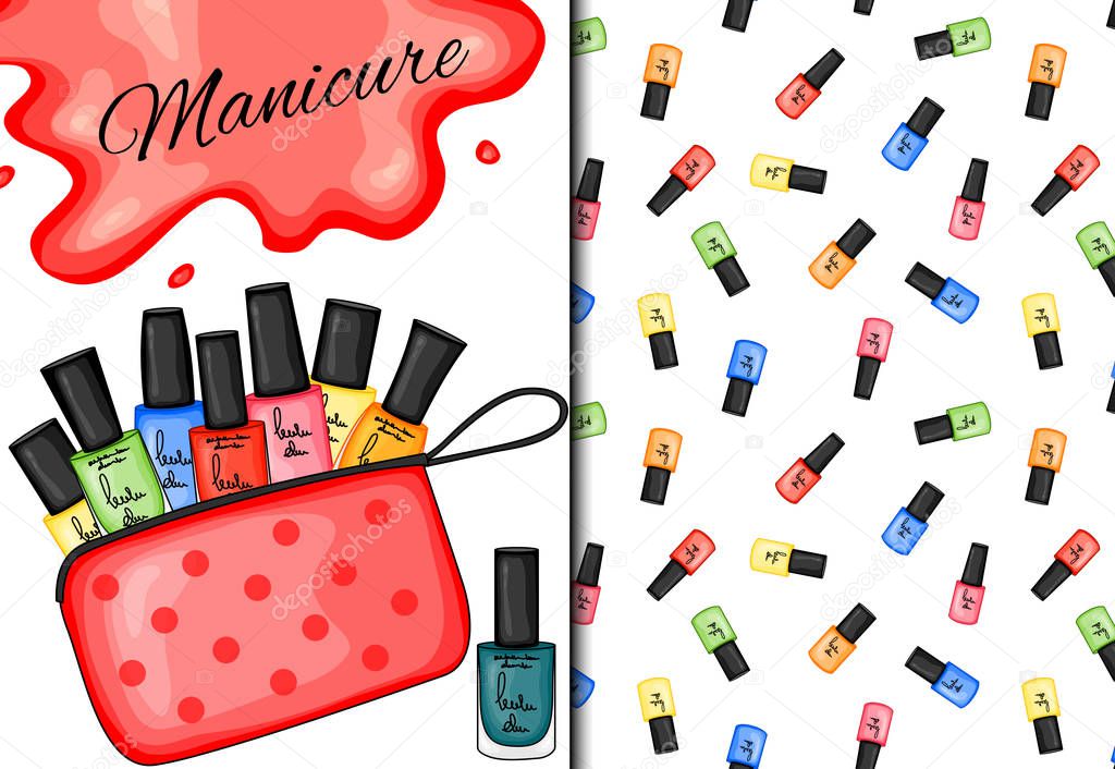 Set with seamless pattern and nail polishes. Cartoon style. Vector illustration.