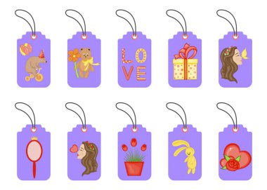 Sevgililer Günü etiketleri. Çizgi film tarzı. Vektör illüstrasyonu.