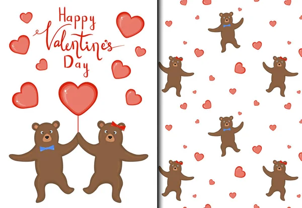 Dia dos Namorados conjunto de padrão e cartão postal com ursos bonitos. Estilo dos desenhos animados. Ilustração vetorial . — Vetor de Stock