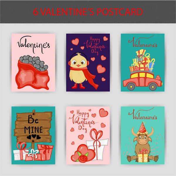 Valentijnsdag set van briefkaarten. Cartoon stijl. Vectorillustratie. — Stockvector