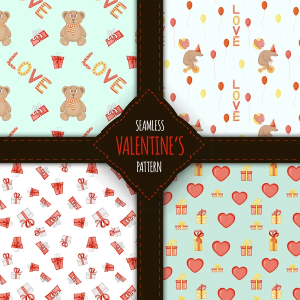 Valentine's Day set of seamless patterns. Cartoon style. Vector illustration. — 스톡 벡터