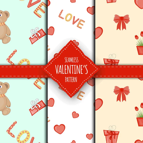 Valentine's Day set of seamless patterns. Cartoon style. Vector illustration. — 스톡 벡터