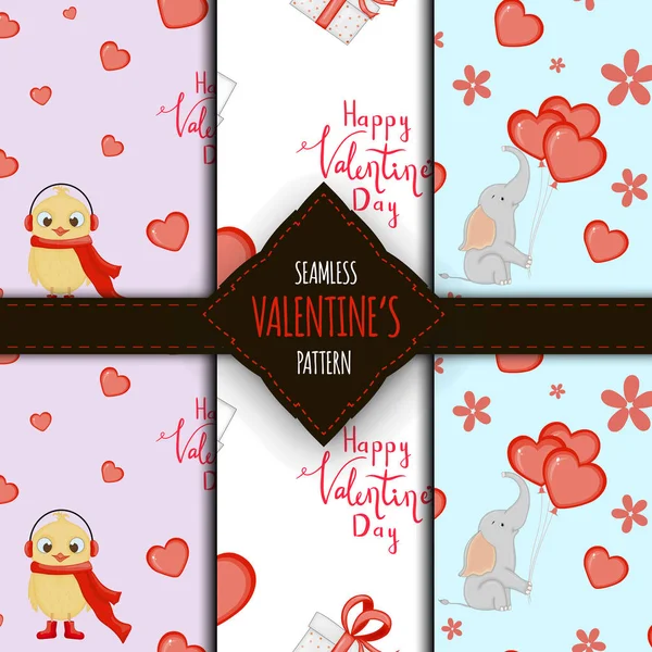 Valentine's Day set of seamless patterns. Cartoon style. Vector illustration. — 스톡 벡터