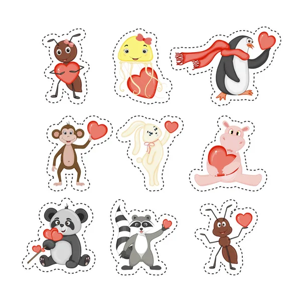 Pegatinas del día de San Valentín con animales lindos. Estilo de dibujos animados. Ilustración vectorial . — Vector de stock